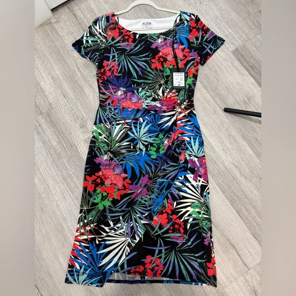 Allison Tropical Floral Leaf Print Ruched Sheath Dress Short SleeveWomen’s 38/12 - Picture 8 of 12